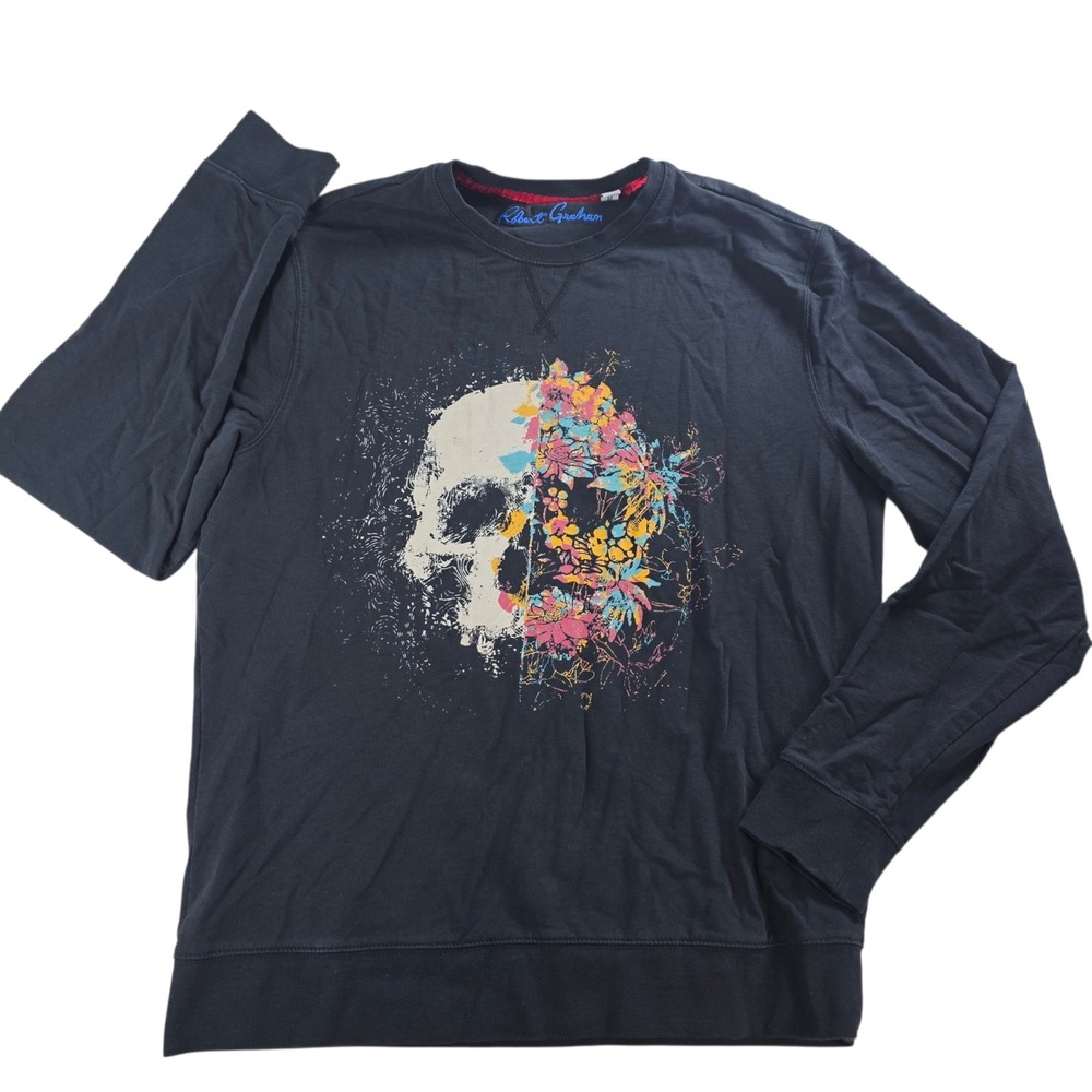 Robert Graham Sweet and Sour Skull Floral Graphic Black Sweatshirt Multi Med Men